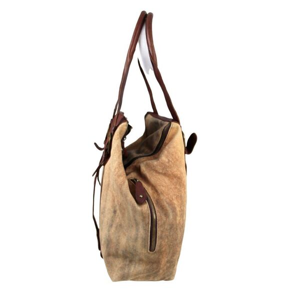LARGE KiliKili BROWN BEIGE GENUINE LEATHER CANVAS SHOULDER BAG HANDBAG TOTE HOBO - Picture 3 of 14